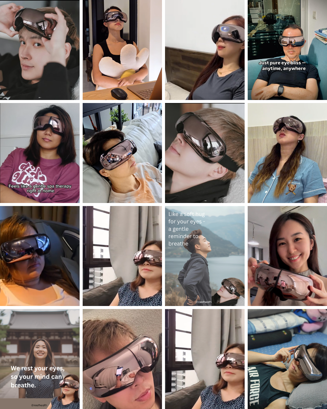 Collage of people wearing iREST EyeWell massager in various settings