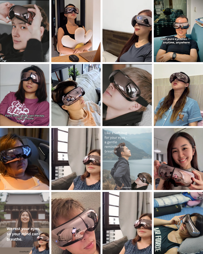 Collage of people wearing iREST EyeWell massager in various settings